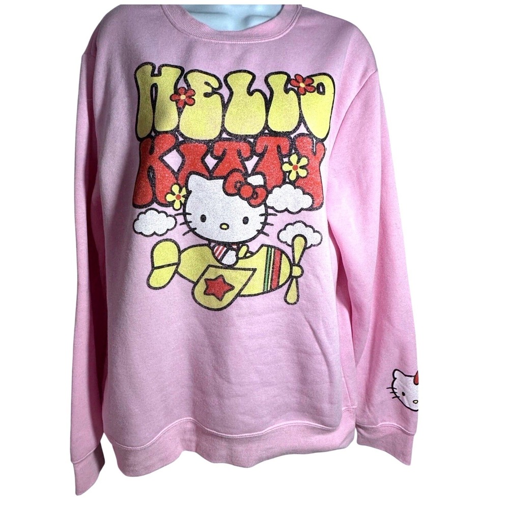 Hello Kitty Pink Crewneck Sweatshirt Retro Airplane Glitter Graphic  Medium